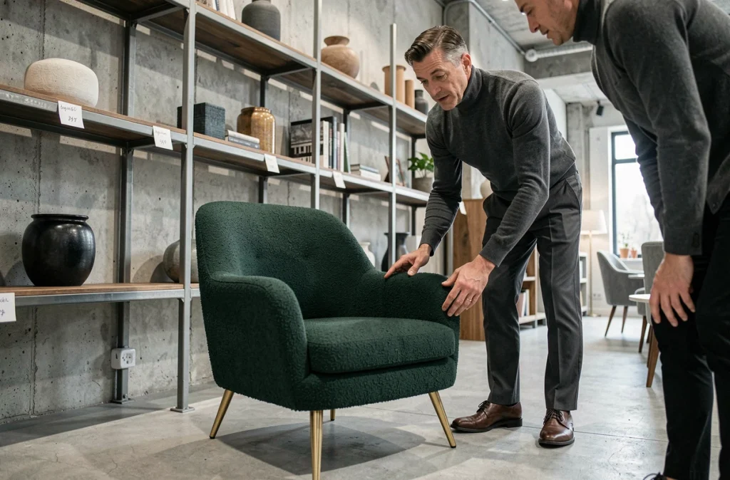 Vendeur présentant les détails de fabrication d'un fauteuil bouclé vert en boutique de design parisienne