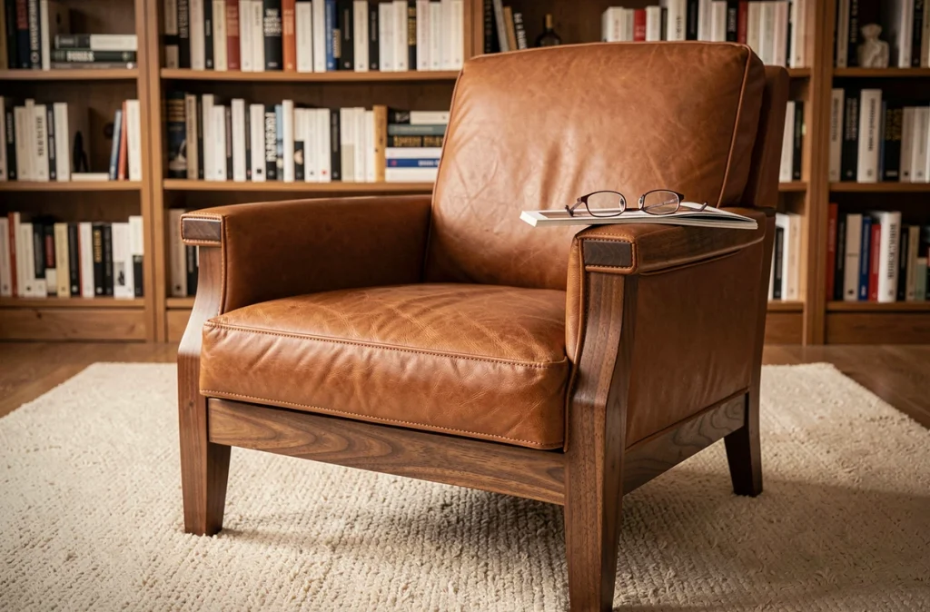 Fauteuil en cuir cognac coutures main avec cadre en noyer massif dans un bureau bibliothèque élégant