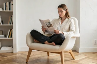 Femme inspectant un fauteuil design en coque fibre avec pieds en chêne dans un salon minimaliste scandinave