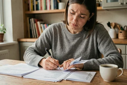 Femme consultant des documents administratifs avant un déménagement dans un appartement