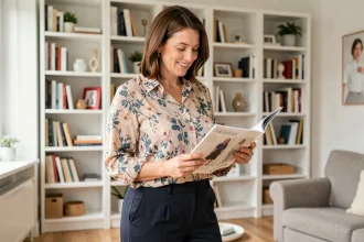 Femme grande taille feuilletant un catalogue de mode Blancheporte dans un salon moderne et lumineux
