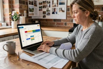 Femme consultant un planning travaux PDF sur ordinateur portable à une table en bois, avec un document imprimé de planification de rénovation