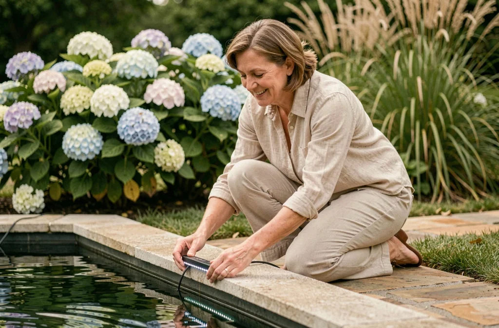 Femme installant un ruban LED étanche autour d'un bassin de jardin en soirée d'été