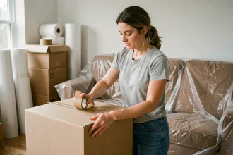Femme en train de scotcher un carton de déménagement dans un salon partiellement emballé