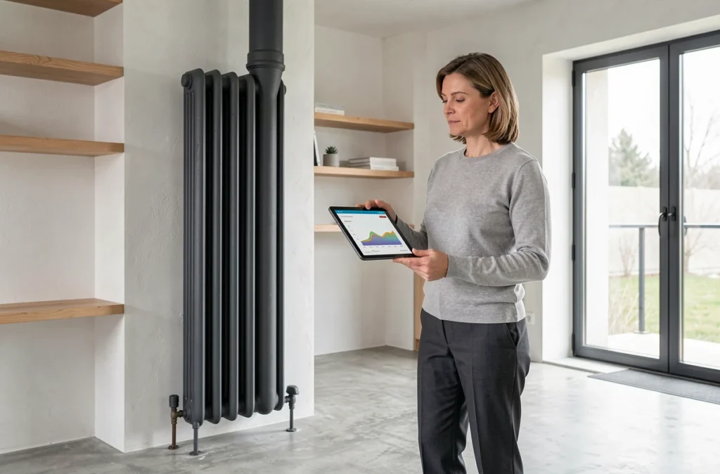 Femme analysant la consommation énergétique d'un radiateur en fonte rénové dans un intérieur moderne scandinave