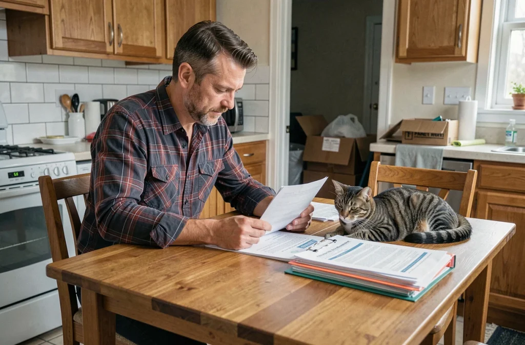 Homme consultant les documents administratifs vétérinaires pour le déménagement de son chat