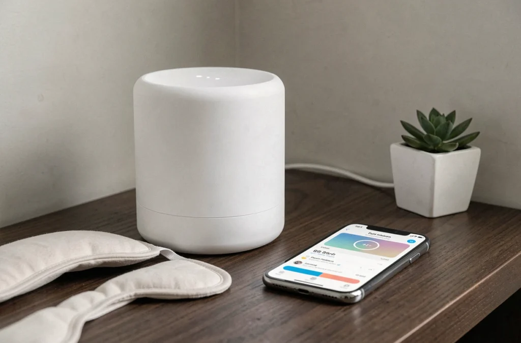 Gros plan sur un réveil simulateur d'aurore blanc accompagné d'un smartphone et d'un masque de sommeil sur un bureau en chêne sombre