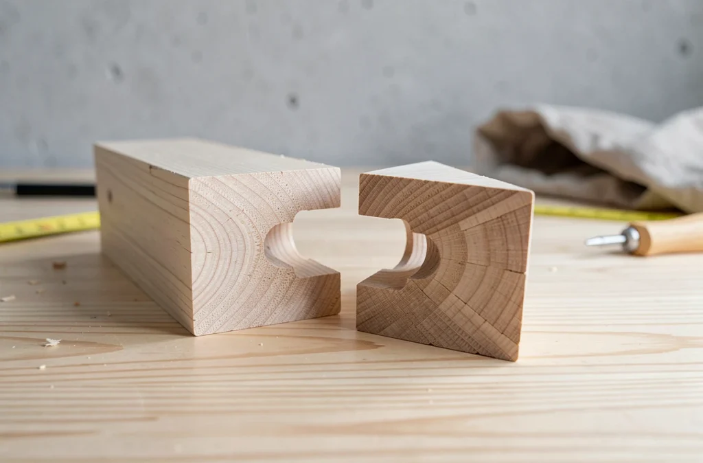Gros plan sur un assemblage tenon mortaise en bois de frêne révélant sa géométrie précise