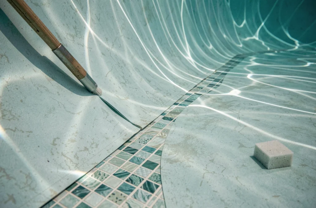 Gros plan sur la texture et couture d'un liner de piscine sous l'eau révélant son état d'entretien