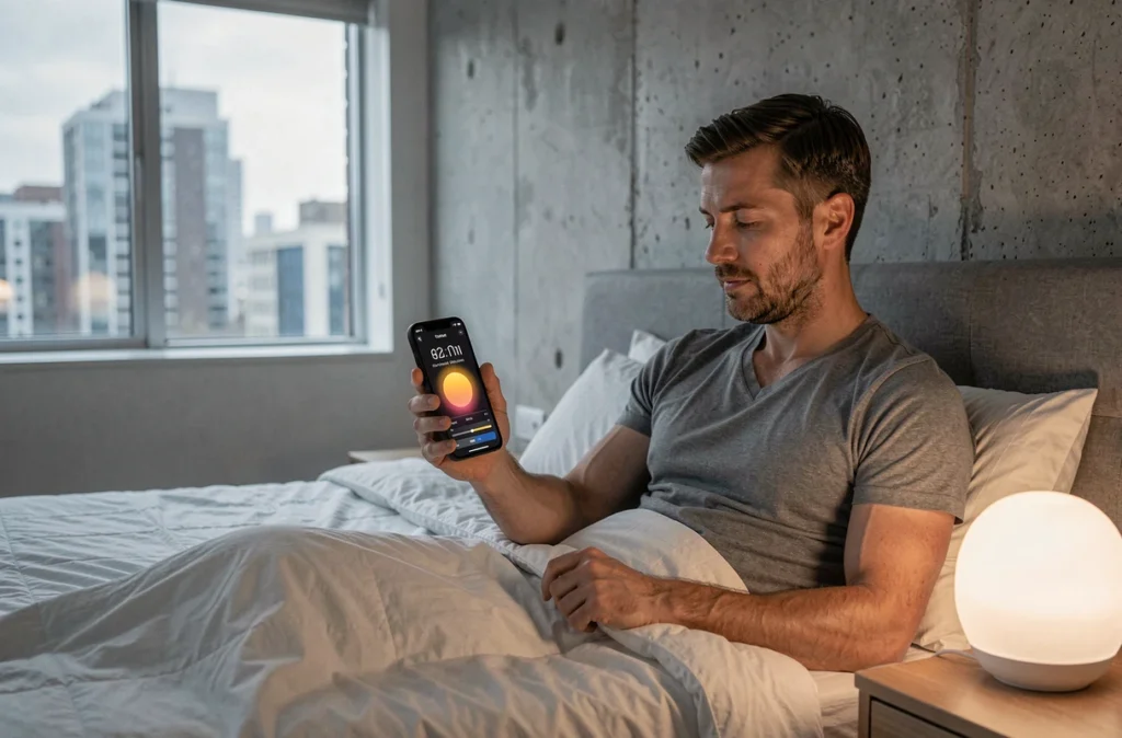 Homme consultant une application smartphone pour gérer son réveil connecté simulateur d'aurore dans une chambre urbaine moderne