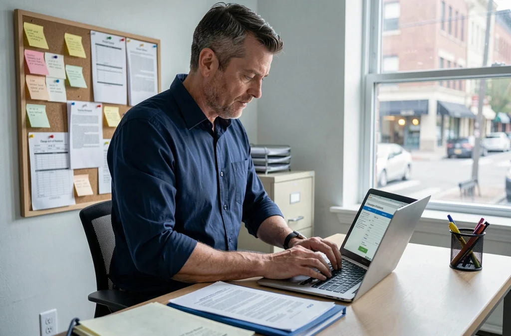 Homme effectuant un changement d'adresse en ligne depuis son bureau à domicile