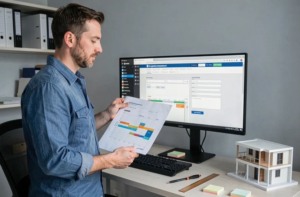 Homme tenant un document PDF de planning de chantier imprimé devant un bureau avec interface de gestion de rénovation sur écran