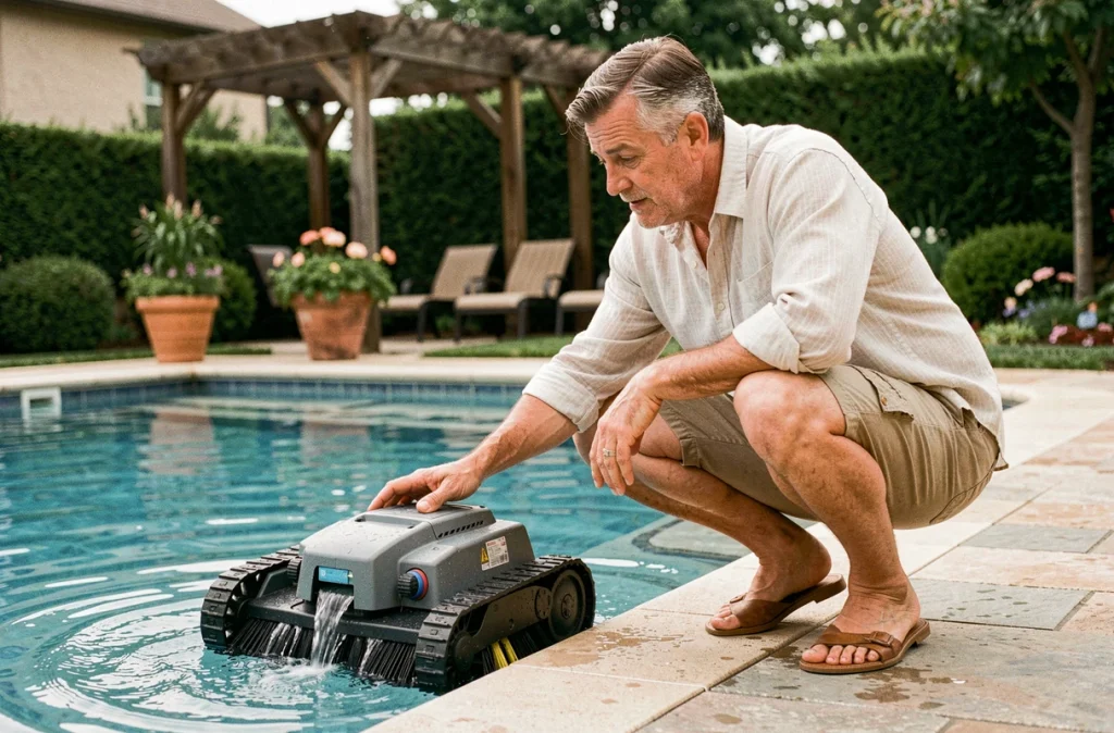 Homme observant son robot nettoyeur de piscine automatique remonter à la surface dans un jardin résidentiel