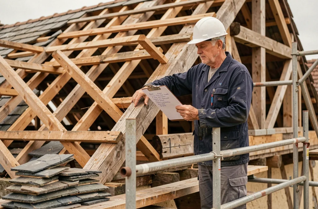 Couvreur inspectant la charpente d'une toiture mise à nu avant le début des travaux de réfection complète