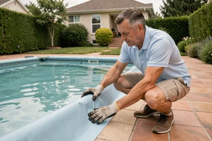 Homme inspectant le liner d'une piscine extérieure pour détecter des défauts d'usure