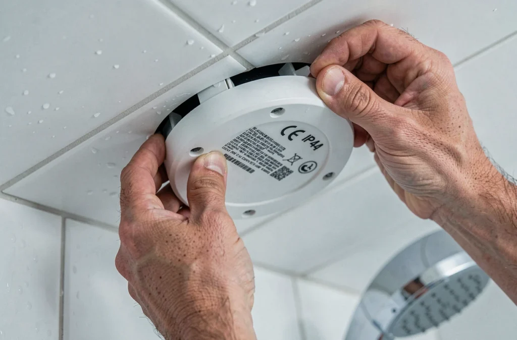 Gros plan sur l'installation d'un spot encastré certifié IP44 au plafond d'une douche à l'italienne avec carrelage blanc