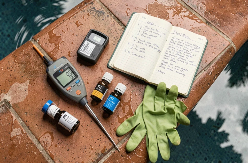 Kit de mesure et de correction du pH de piscine posé sur le bord carrelé d'une piscine extérieure
