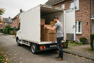 Homme chargeant des cartons dans un camion de déménagement blanc devant une maison résidentielle