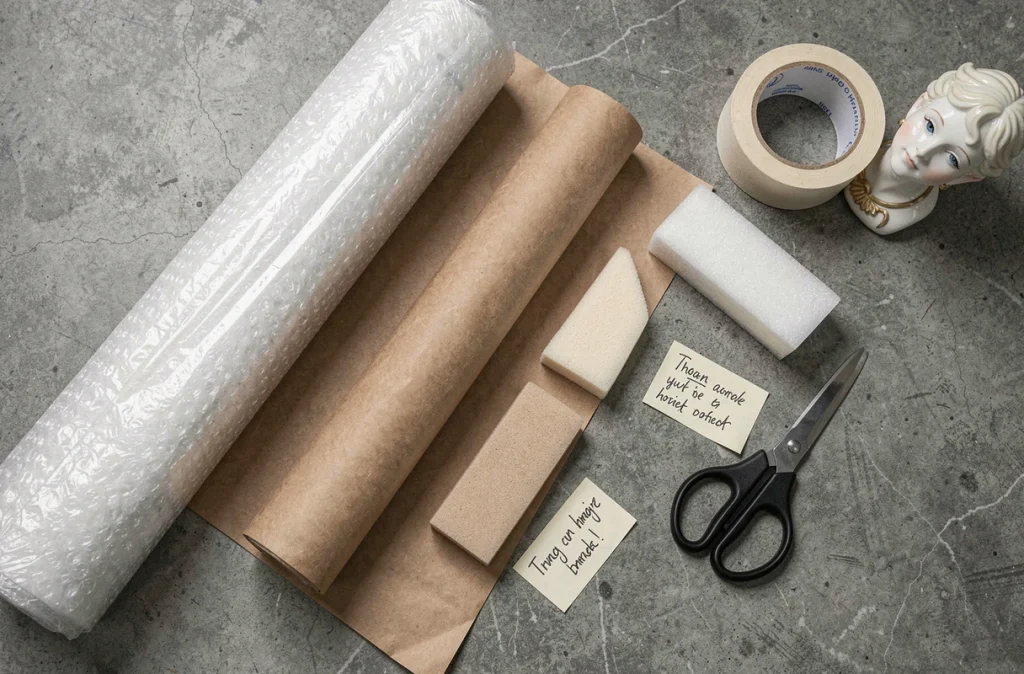 Vue de dessus du matériel de protection pour objets fragiles : papier bulle, protège-coins en mousse et ruban adhésif