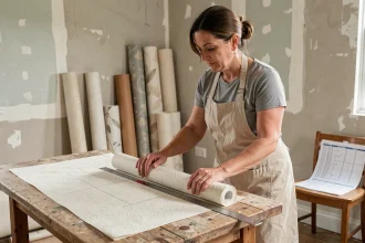Femme mesurant un rouleau de papier peint sur une table de travail dans une pièce en cours de rénovation