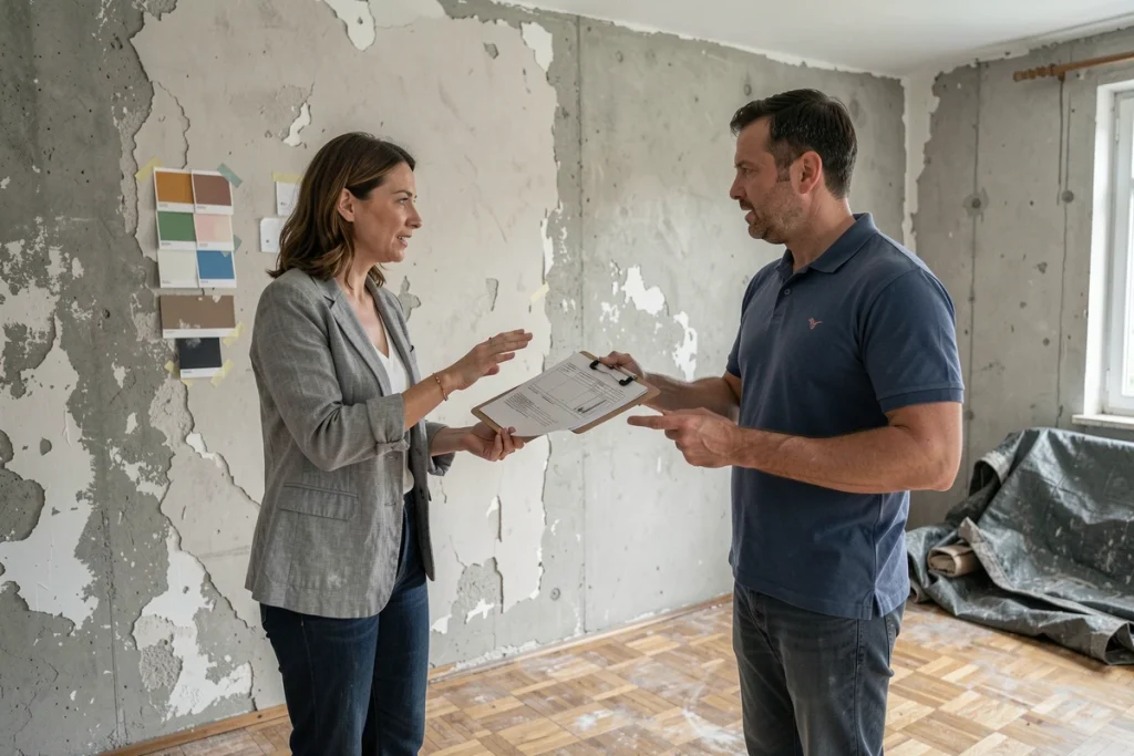 Femme négociant un devis de rénovation avec un artisan dans un appartement en travaux