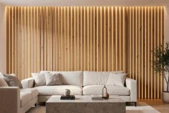 Mur en panneau tasseau bois avec LED intégrées dans un salon moderne aux tons chaleureux