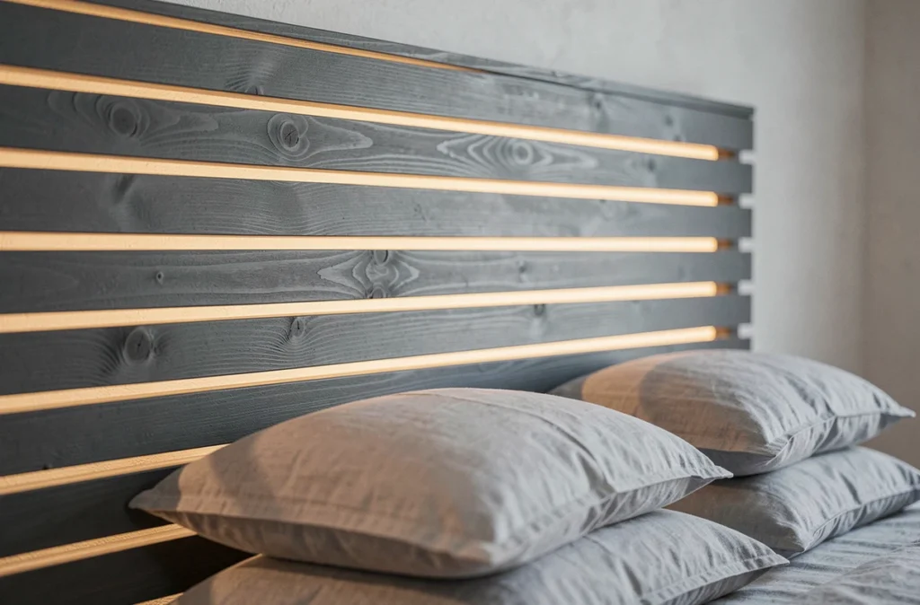Détail de panneau tasseau gris avec éclairage LED intégré en tête de lit chambre à coucher