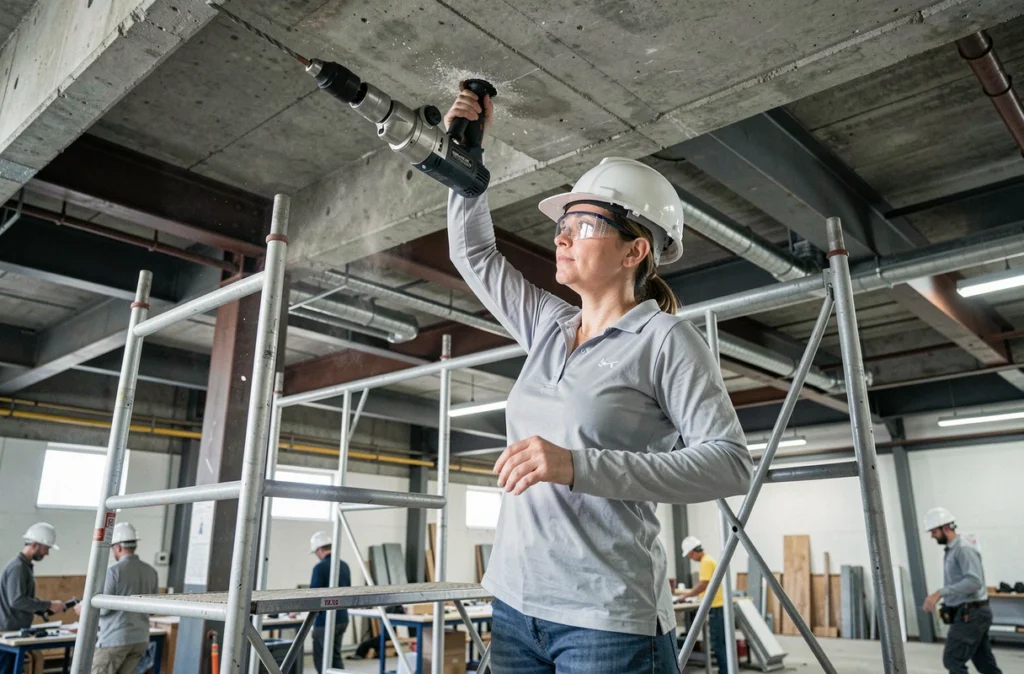 Femme professionnelle du bâtiment perçant un trou au plafond en béton avec un marteau perforateur sur un échafaudage dans un atelier industriel