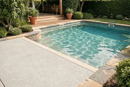 Plage immergée en béton antidérapant avec entrée douce dans une piscine privée de jardin