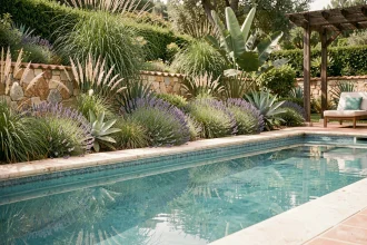 Bordure végétale luxuriante composée de lavandes et de graminées ornementales autour d'une piscine rectangulaire dans un jardin méditerranéen