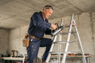 Artisan professionnel utilisant un pistolet à cartouche pour poser une cheville chimique au plafond en béton dans un garage résidentiel