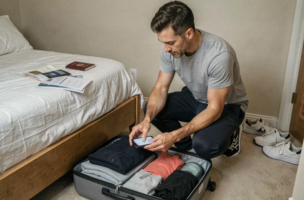 Homme préparant sa valise en suivant une checklist sur smartphone avant le départ