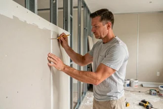 Professionnel du bâtiment mesurant et marquant un mur en placo pour l'installation d'un support TV, avec la structure métallique visible en arrière-plan