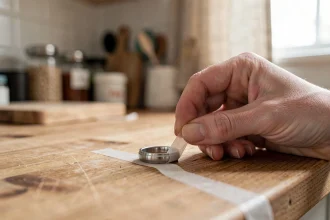Femme enroulant du ruban adhésif autour d'une bague trop grande sur une table en bois pour la réduire à la maison