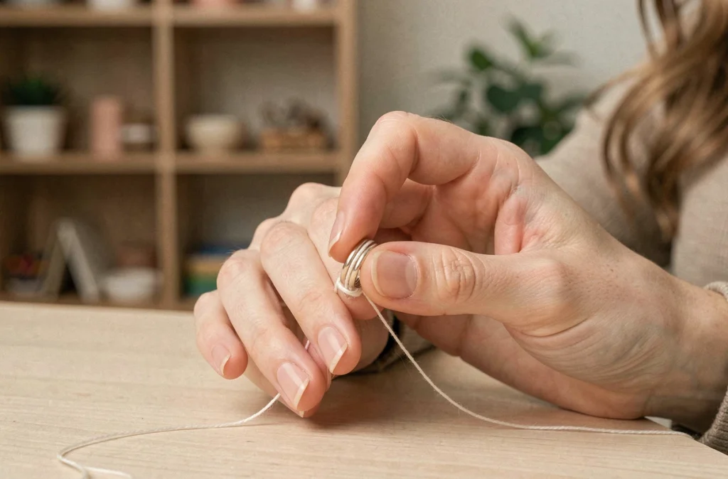 Femme enroulant un fil de coton autour d'une bague pour réduire sa taille facilement à domicile
