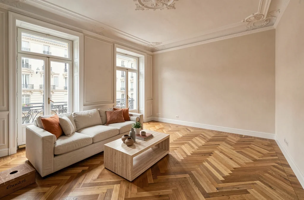 Transformation d'un salon parisien en cours avec mobilier design raffiné d'un côté et espace vide de l'autre illustrant un projet de décoration intérieure