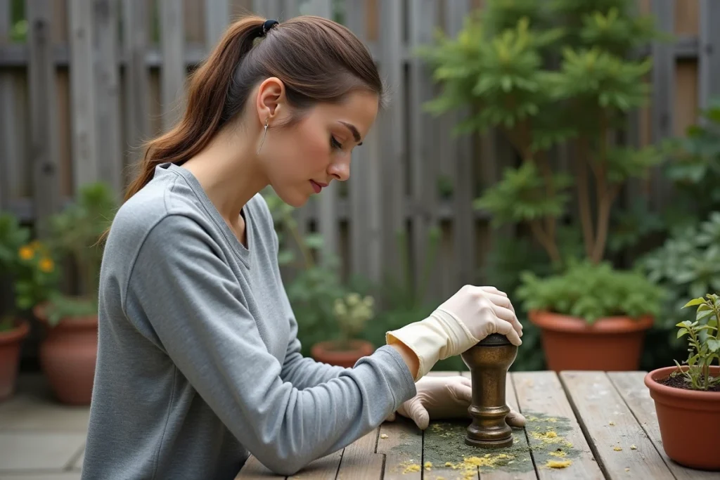 Femme restaurant un heurtoir en laiton avec une solution d'acide oxalique dans un jardin