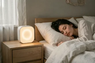 Réveil connecté posé sur une table de nuit en bois à côté d'une femme endormie dans une chambre au décor scandinave minimaliste