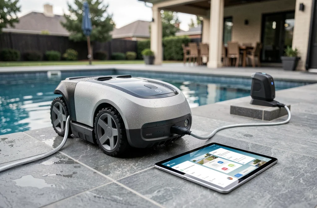 Robot nettoyeur de piscine posé sur le bord avec tablette affichant une application de maintenance automatique