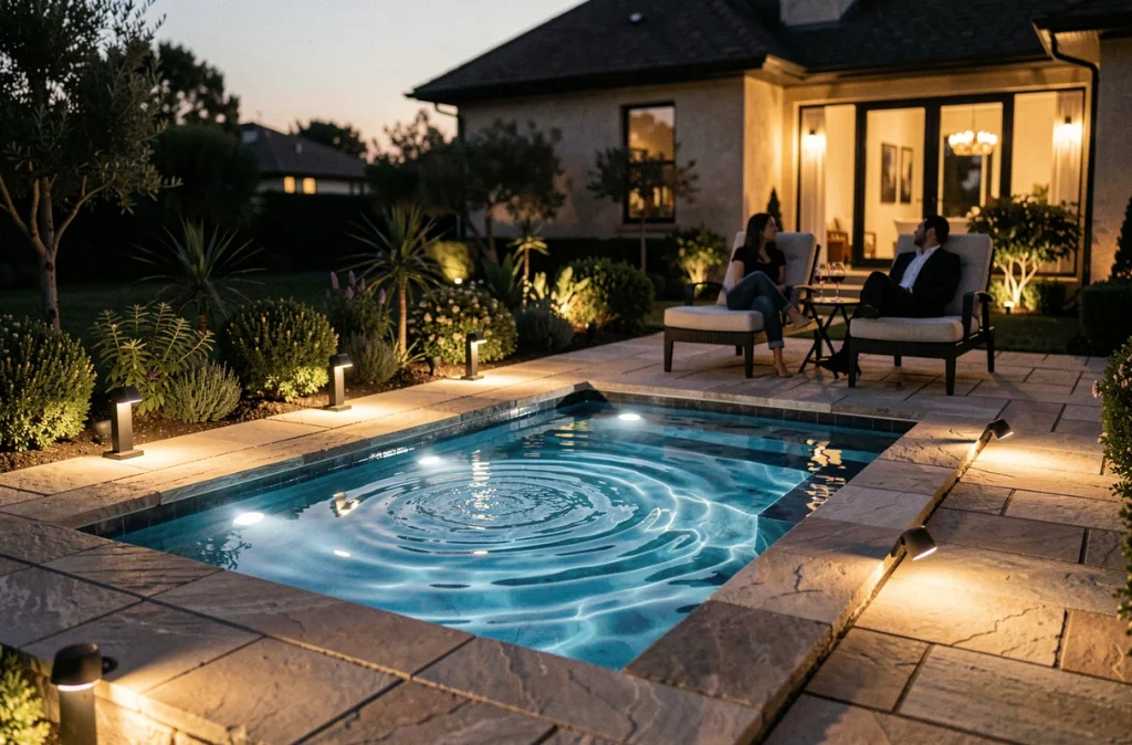 Soirée estivale autour d'un bassin éclairé sur une terrasse de jardin avec convives assis