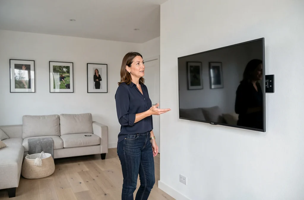 Femme expliquant l'installation d'un téléviseur fixé sur un mur en placo dans un salon moderne, avec le support mural visible