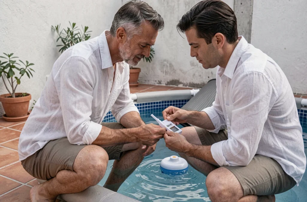 Homme testant la qualité de l'eau d'une piscine hors sol avec un kit chimique, bâche solaire et diffuseur de chlore visibles