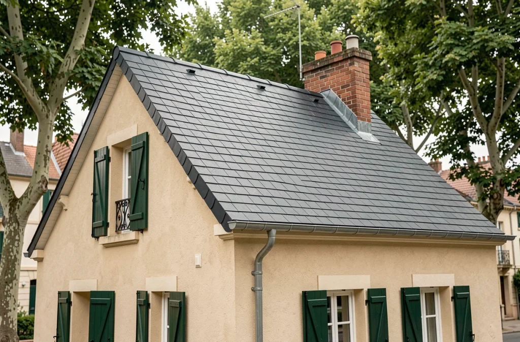 Toiture rénovée en ardoise grise sur une maison française avec gouttières en zinc neuves après un chantier de réfection complète