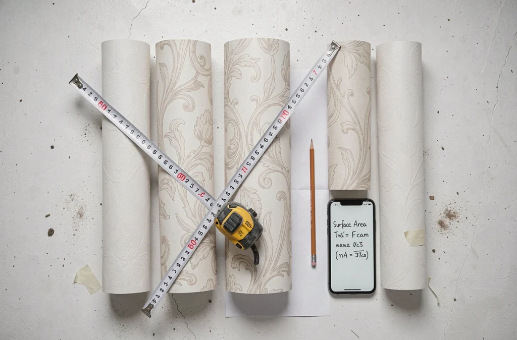Vue aérienne de rouleaux de papier peint déroulés avec mètre ruban et feuille de calcul pour estimer la surface de 10m2