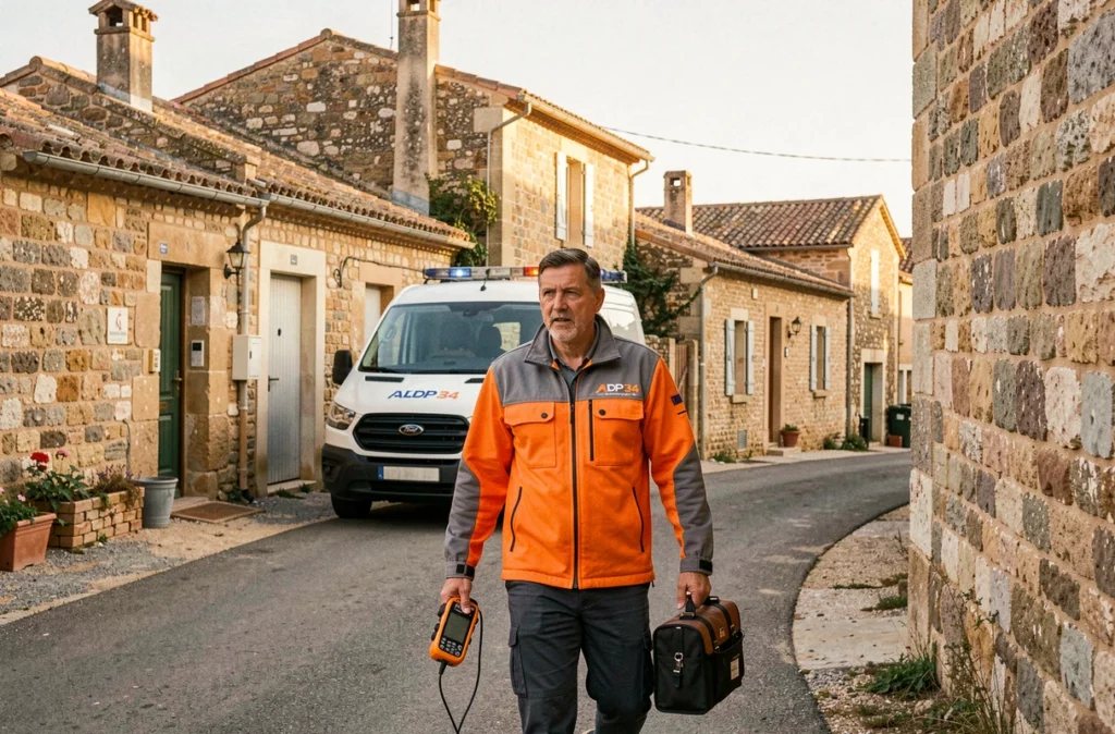 Technicien ADP 34 arrivant en urgence chez un particulier dans un village de l'Hérault pour un dépannage plomberie et climatisation