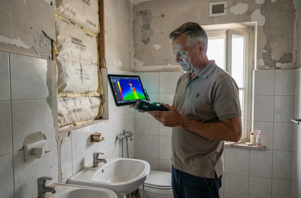 Consultant réalisant un bilan thermique dans une salle de bain à Bordeaux avant rénovation, Ajroudi
