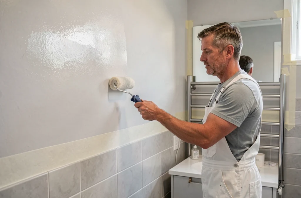 Peintre appliquant une finition satin dans une salle de bain rénovée à Bordeaux, Alliance Batiment Service