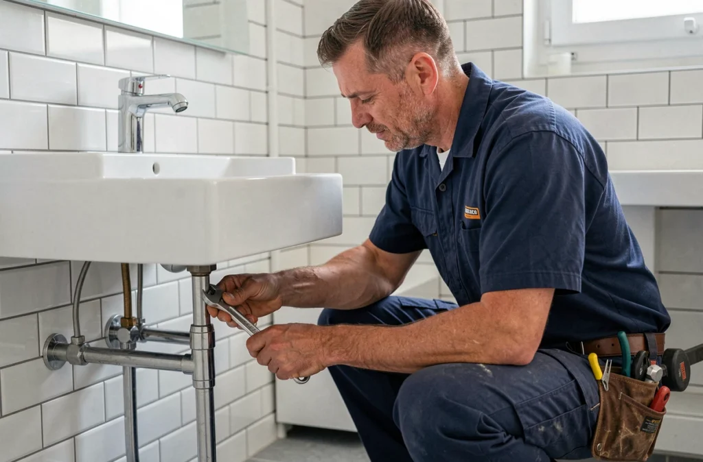 Plombier installant un lavabo dans une salle de bain du Nord Bassin, intervention de Bailly Plomberie Service