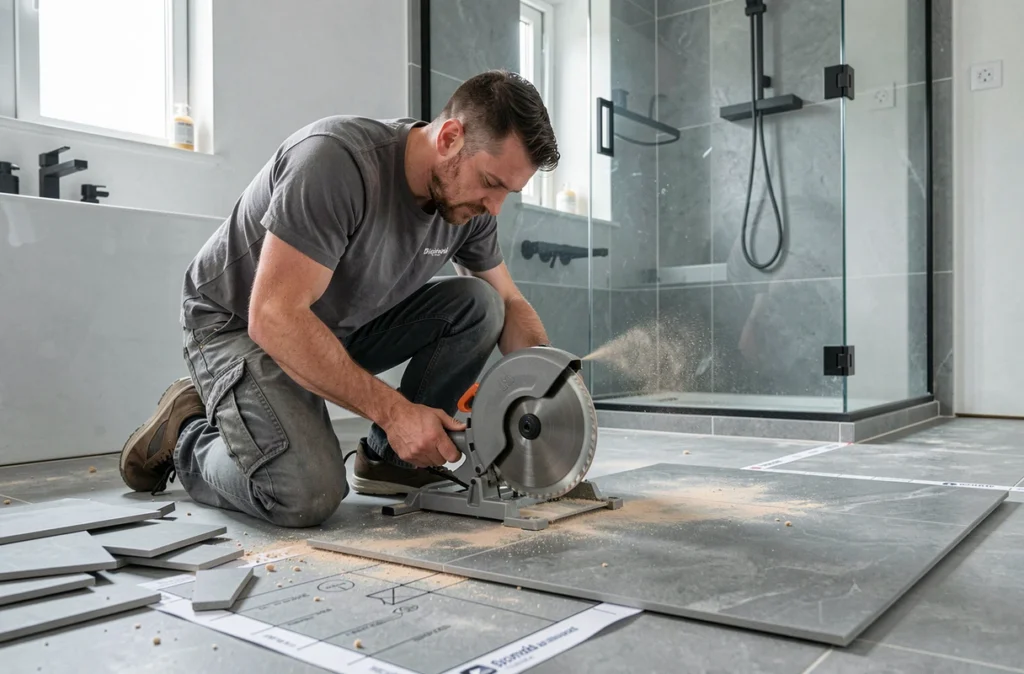Artisan découpant du carrelage grand format dans une salle de bain en rénovation intérieure en Gironde, Biccheri Renovation
