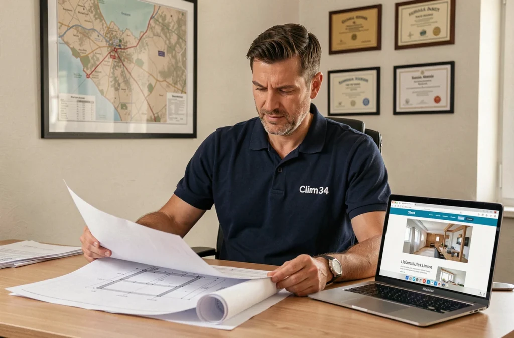 Spécialiste Clim34 étudiant des plans d'installation de climatisation dans un bureau professionnel de l'Hérault
